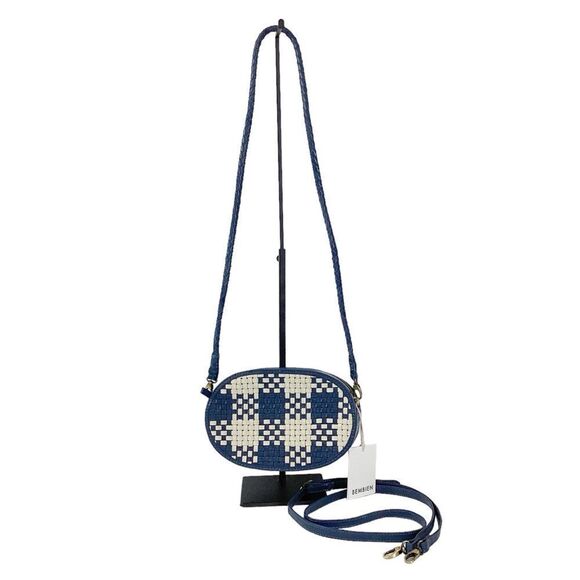 BEMBIEN Ovale Crossbody NWT Blue Cream Check Pattern Adjustable Strap Purse Bag - Picture 1 of 15